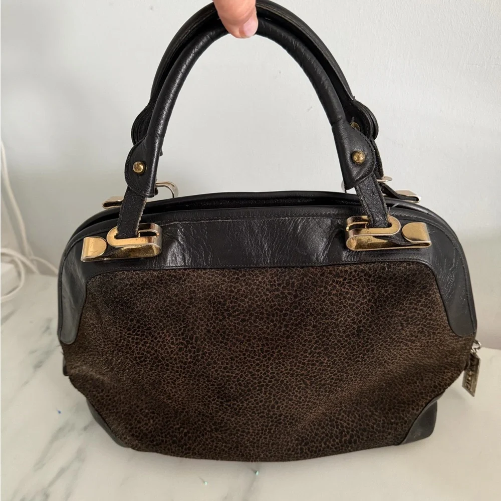Vintage Lisette Purse Satchel Bag Animal Print Leather Goldtone Hardware 1980s